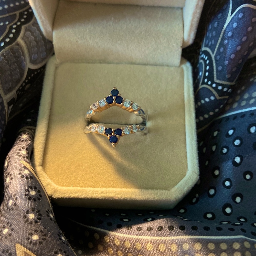 Two tone .925 sterling; simulated blue sapphire round cut solitaire enhancer